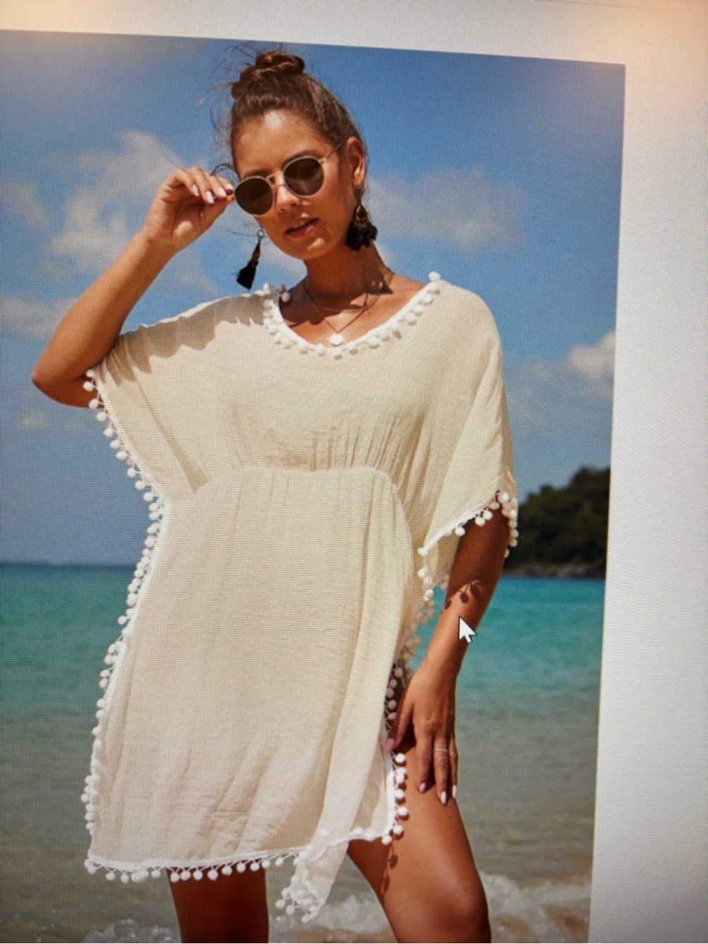 SHEIN Cream Pom-Pom Trim Beach Tunic Cover-Up - small